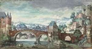 View Of A Town In A Mountainous Landscape, With A Bridge In Theforeground by Tobias van Haecht (see Verhaecht)