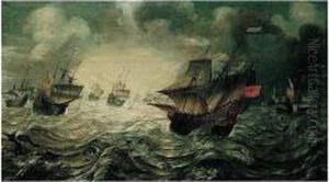 A Sea-piece, With Dutch Men-o'-war Offshore In Stormy Weather by Hans Savery