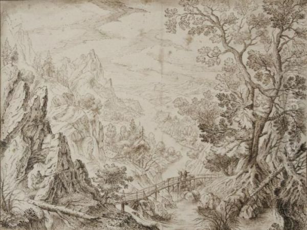 Promeneurs Dans Un Paysage Au Pont - view 1