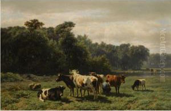 A Peasant With Cattle In A Sunlit Meadow - view 1