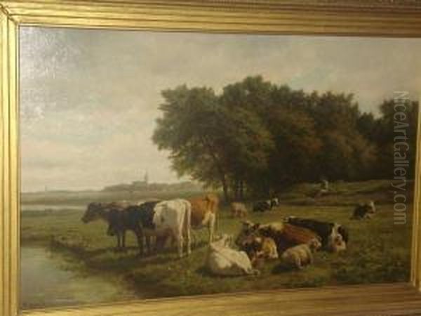 Cattle And Sheep By A Riverbank - view 1
