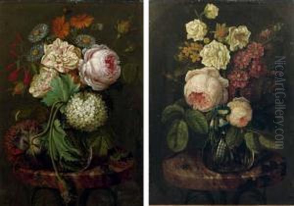 A Pink Rose, A Hydrangea, Yellow Heads And Other Flowers In A Glass Vase On A Table With A Marble Top; And Pink Roses, Primroses, Begonias And Other Flowers In A Glass Vase On A Table With A Marble Top - view 1