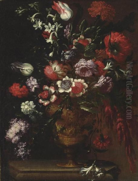 Roses, Carnations, Tulips, Poppies And Other Flowers In An Urn On A Ledge - view 1