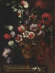 Roses, Carnations, Tulips, Poppies And Other Flowers In An Urn On A Ledge by Andrea Scaccati