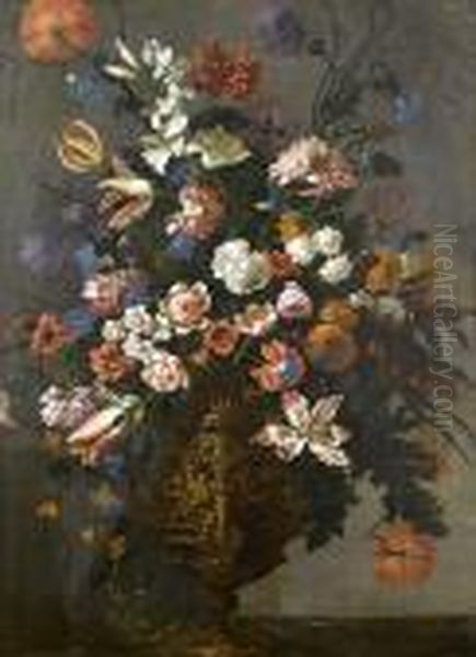 Roses, Tulips, Lilies, Convolvulus And Otherflowers In A Silver-gilt Urn Bearing The Medici Coat-of-arms On Atable Top - view 1
