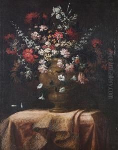 An Urn Of Flowers On A Fringed Shawl