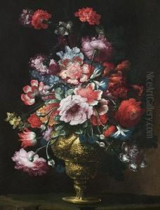 A Still Life Of Roses, Peonies, Carnations,convolvulus And Other Flowers In A Gold Vase On A Stone Ledge by Andrea Scaccati