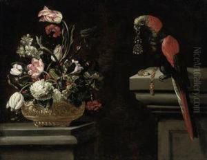 Parrot Tulips, Hydrangeas, Carnations And Other Flowers In An Urnwith A Parrot Holding An Earring In Its Beak On A Ledge by Andrea Scaccati