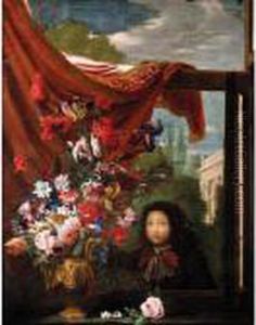 A Still Life Of Flowers In A Vase Resting On A Ledge, A Boy And A Garden Behind by Andrea Scacciati I