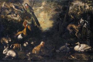 A Woodland Clearing With Ducks, A Fox, Rabbits, A Tortoise, Monkeys, A Parrot, Heron, Jay And Other Birds