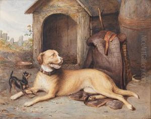 A Mastiff And Miniature Pinscher Before Akennel - view 1