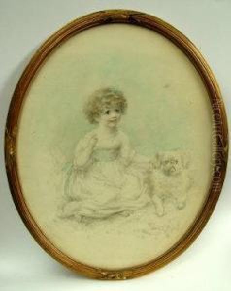 Study Of A Girl With A Blue Ribbon In Her Hair
And A Dog - view 1