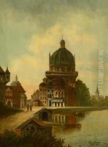 A Continental Town Scene With Figures Crossing A Bridge