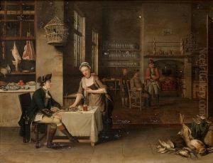 A Tavern Interior With A Gentleman Beingserved Dinner By A Maid In The Foreground, An Army Officer Andother Figures In A Kitchen Beyond