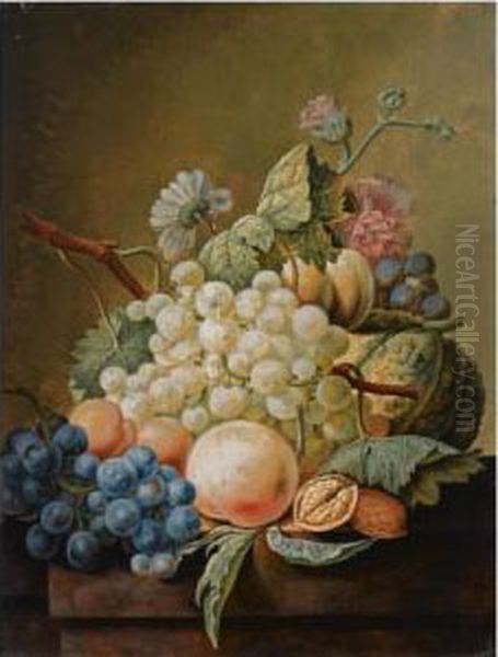 A Still Life With White And Blue Grapes, Peaches, A Pumpkin And A Walnut, All On A Wooden Ledge - view 1