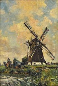 Landschaft Mit Windmuhle Und Bauer by Hendrik Schaap