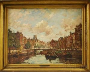 View Of Barges On A Canal by Hendrik Schaap