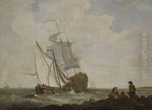 Vista De Una Costa Marina Con Barcos Y Pescadores