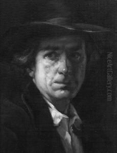 H. "portrait Eines Mannes Mit Hut". Sign. Ol Auf Lwd. Auf Holz. Rest. 43 X 33 Cm. Rahmen by Hans Schachinger