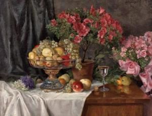 Groses Stillleben Mit Blumen Und Fruchten by Therese Schachner
