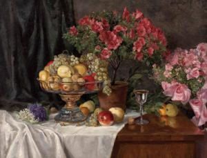 Groses Prunkstillleben Mit Blumen Und Fruchten by Therese Schachner