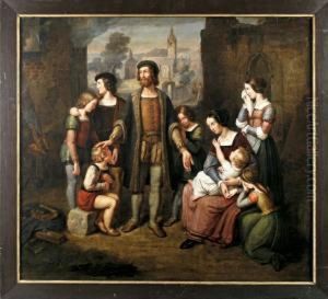 Familie Vor Brennender Ruine