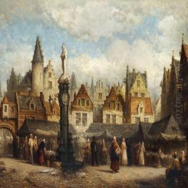 Market Scene In A Belgian Town, Presumably Antwerp - view 1