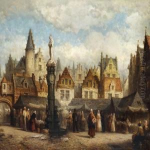 Market Scene In A Belgian Town, Presumably Antwerp by Hendrik Frans Schaefels