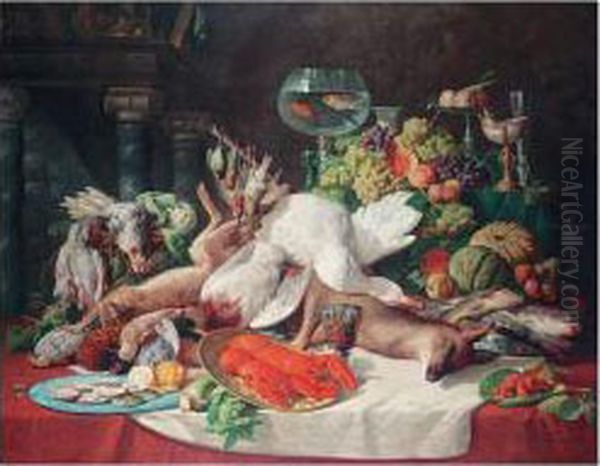 Still Life Of Dead Game, A Deer, Hare, Fish, A Lobster, Fruit And Vegetables By A Fireplace - view 1