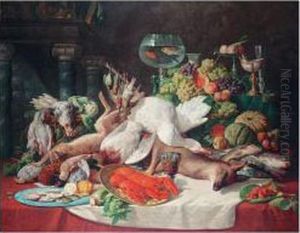 Still Life Of Dead Game, A Deer, Hare, Fish, A Lobster, Fruit And Vegetables By A Fireplace by Lucas Schaefels