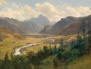 Gebirgstal Mit Flus by August Schaeffer von Wienwald