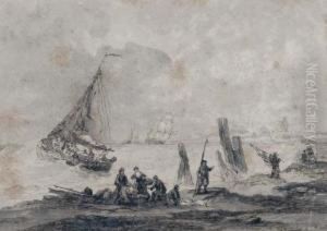 Vissersschepen Voor De Kust by Hendrik Adolf Schaep