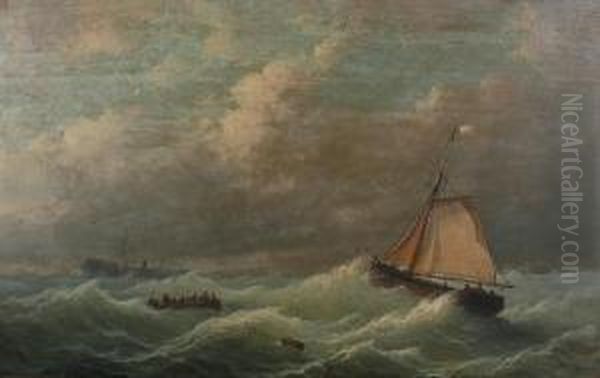 Boats In A Stormy Sea, A Sinking Ship In The Distance - view 1