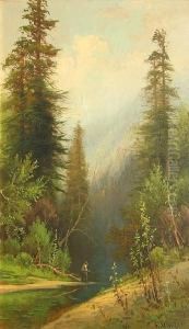 Man Fishing In A Mountain Stream by Frederick Ferdinand Schafer
