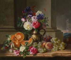 Rich Still Life With Flowers And Fruit by Adalbert, Bela Schaffer
