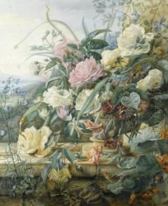 Roses And Other Flowers In A Sculpted Urn On A Garden Wall Roses And Other Flowers In A Sculpted Urn On A Garden Wall