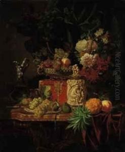 Flowers And Fruit With A Casket, A Tankard And A Flask Of Wine On A Marble Topped Table