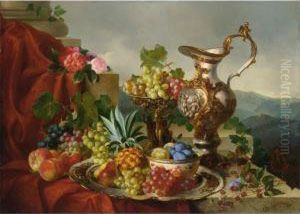 A Still Life With Fruit, Roses And A Pitcher Set On A Marble Ledge by Adalbert, Bela Schaffer