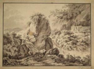Landscape Withpeasants By A Waterfall by Joseph Schaffer