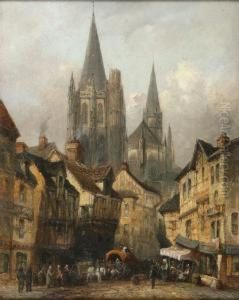 A Crowded Continental Market Street Scene by Henry Schaffet