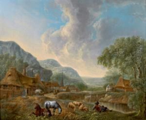 Paesaggio Fluviale Con Animali In Sosta E Figure