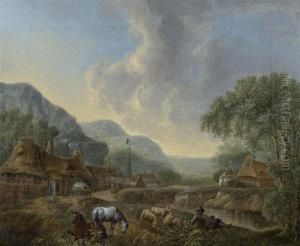Flusslandschaft Mit Tieren Und Personen.