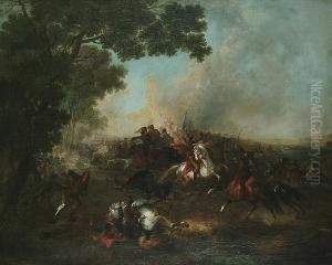 A Scene From The Seven Years War Depicting A Battle Between The Prussians And The Austrians by Johann Jacob Schalch