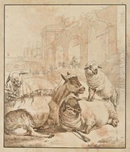 Schafe Vor Einer Landschaftsvedute Mit Ruinen by Carl Philipp Schallhas