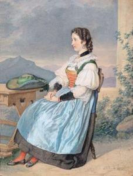 Bildnis Einer Jungen Frau In Tracht An Einem Holztisch Vor Bergpanorama Sitzend - view 1