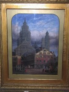 Mainz Cathedral With Figures In The Square, Signed And Dated 1869 by Hermann Schaper