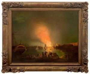 Brennendes Schiff Im Nachtlichen Hafen Von Amsterdam