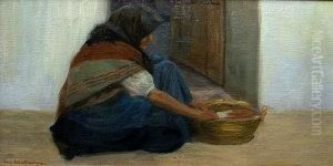 Old Woman Seated By A Doorway With A Basket by Nicolaus Schattenstein