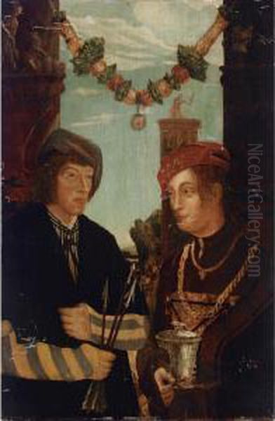A Double Portrait Of A Couple As St. Sebastian And St. Barbara, Standing Half-length, Between Two Classical Structures Decorated With Sculptures With A Fruit Garland Hanging Above - view 1
