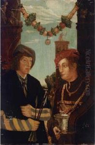 A Double Portrait Of A Couple As St. Sebastian And St. Barbara, Standing Half-length, Between Two Classical Structures Decorated With Sculptures With A Fruit Garland Hanging Above by Hans Leo. Schauffelin